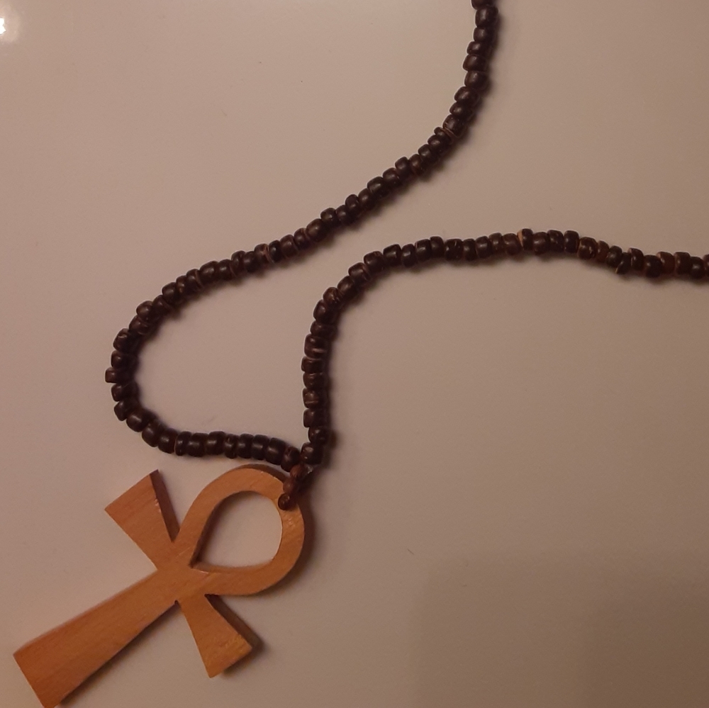 Wooden Ankh on wooden beaded necklace